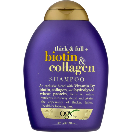 شامپۆی OGX Thick &amp; Full + Biotin &amp; Collagen Volumizing Shampoo بۆ قژی تەنک، شامپۆی ئەستوور