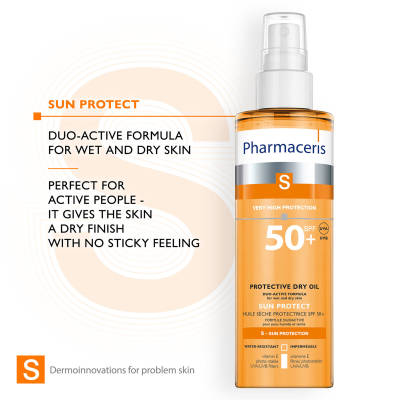 PHARMACERIS S Sun Protect - زەیتی وشکی پارێزەری جەستە SPF 50+